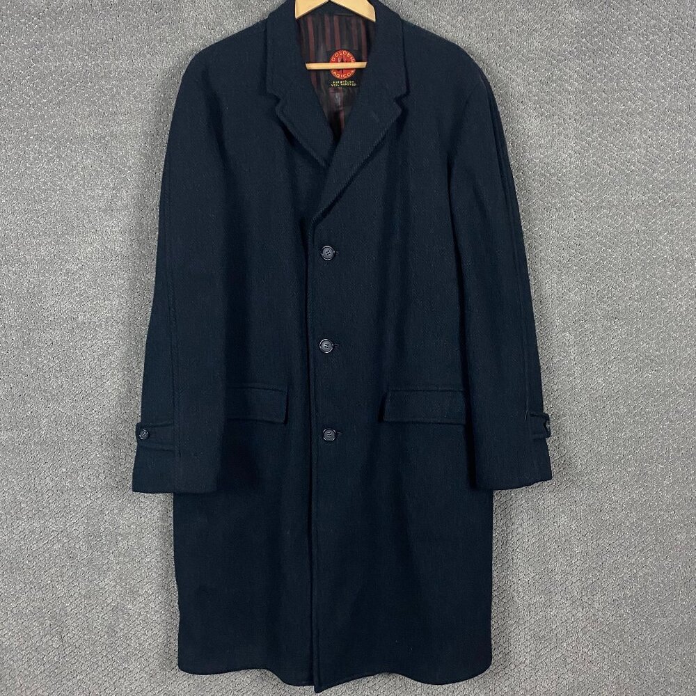 Vintage Herringbone Tweed Wool Top Coat Overcoat Men's XL-XXL Black Blue England